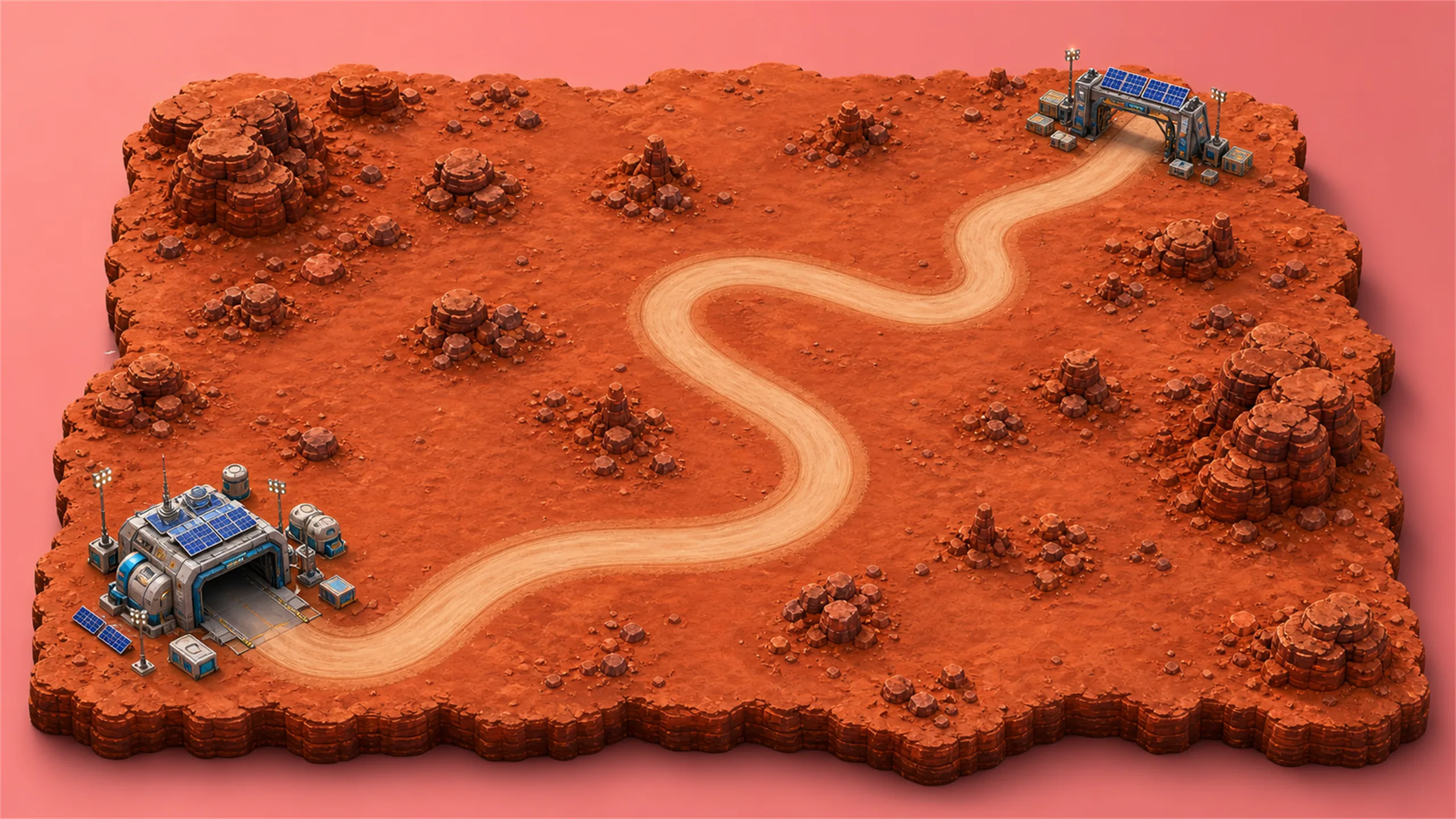 Regolith Flats — workshop plains under an amber sky, the Builder climb map.