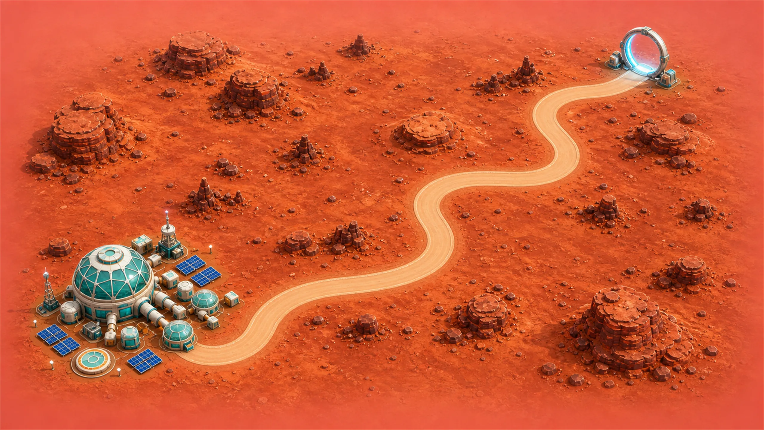 Outpost Relay — solar arrays strung across a canyon rim, the Engineer climb map.